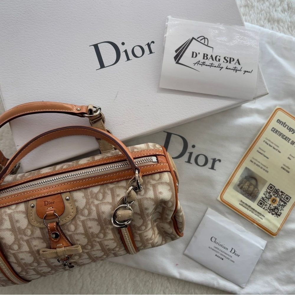 Dior Beige Monogram Canvas Barrel Bag with Tan Leather Trim